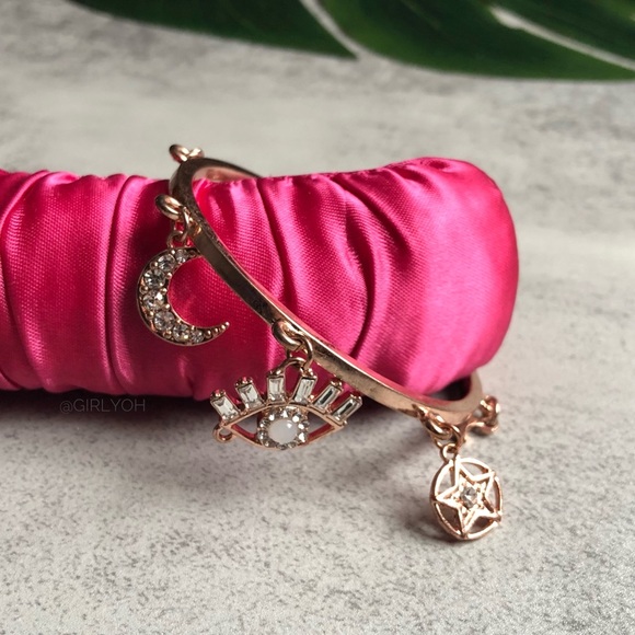 Rose Gold Evil Eye Star Moon Charm Bangle Bracelet - Picture 3 of 6